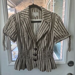 Women's Brown and Cream Striped Short-Sleeve Peplum Blouse